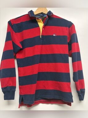 Vintage Tommy Hilfiger Boys M Red & Navy Striped Rugby Shirt